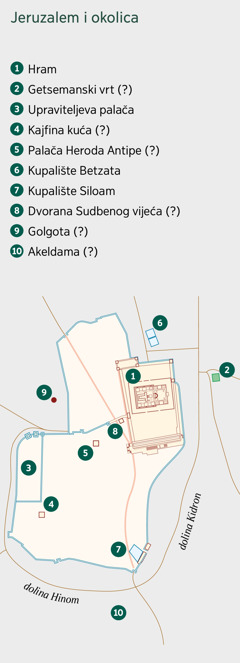 Karta Jeruzalema i okolice. Lokacije: 1. Hram. 2. Getsemanski vrt. 3. Upraviteljeva palača. 4. Kajfina kuća. 5. Palača Heroda Antipe. 6. Kupalište Betzata. 7. Kupalište Siloam. 8. Dvorana Sudbenog vijeća. 9. Golgota. 10. Akeldama