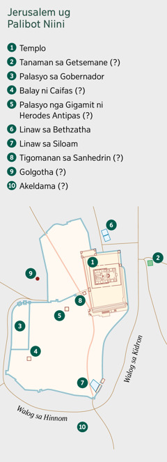 Mapa nga nagpakita sa Jerusalem ug sa palibot niini. Gilista ang posibleng nahimutangan sa mga lugar. 1. Templo. 2. Tanaman sa Getsemane. 3. Palasyo sa Gobernador. 4. Balay ni Caifas. 5. Palasyo nga Gigamit ni Herodes Antipas. 6. Linaw sa Bethzatha. 7. Linaw sa Siloam. 8. Tigomanan sa Sanhedrin. 9. Golgotha. 10. Akeldama.