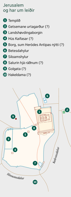 Eitt kort, sum vísir Jerusalem og økið rundanum. Kendar og møguligar staðsetingar. 1. Tempul. 2. Getsemane urtagarður. 3. Landshøvdingaborgin. 4. Hús Kaifasar. 5. Borg, sum Heródes Antipas nýtti. 6. Betesdahylur. 7. Siloamshylur. 8. Salurin hjá ráðnum. 9. Golgata. 10. Hakeldama.