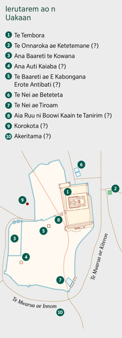 Te mwabe ae kaotaki iai Ierutarem ma taabo aika uakaan. A karinanaki iai taabo aika rangi n ataaki. 1. Tembora. 2. Te Onnaroka ae Ketetemane. 3. Ana Baareti te Kowana. 4. Ana Auti Kaiaba. 5. Te Baareti ae kamanenaaki iroun Erote Antibati. 6. Te Nei ae Beteteta. 7. Te Nei ae Tiroam. 8. Autin te Tanirim. 9. Korokota. 10. Akeldama.