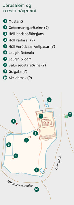 Skýringarmynd sem sýnir Jerúsalem og nágrenni. Listi yfir þekkta staði og hugsanlega staði. 1. Musteri. 2. Getsemanegarðurinn. 3. Höll landshöfingjans. 4. Höll Kaífasar. 5. Höll Heródesar Antípasar. 6. Laugin Betesda. 7. Laugin Sílóam. 8. Salur æðstaráðsins. 9. Golgata. 10. Akeldamak.