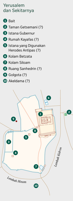 Sebuah peta yang menunjukkan daerah Yerusalem dan sekitarnya. Berikut beberapa lokasi yang pasti dan yang masih diperkirakan: 1. Bait. 2. Taman Getsemani. 3. Istana gubernur. 4. Rumah Kayafas. 5. Istana yang digunakan Herodes Antipas. 6. Kolam Betzata. 7. Kolam Siloam. 8. Ruang Sanhedrin. 9. Golgota. 10. Akeldama.