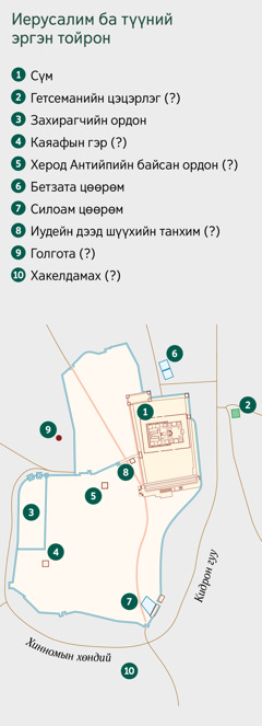 Иерусалим болон эргэн тойрон дахийг нь харуулсан газрын зураг. Тодорхой болон тодорхойгүй байршлын жагсаалт. 1. Сүм. 2. Гетсеманийн цэцэрлэг. 3. Захирагчийн ордон. 4. Каяафын гэр. 5. Херод Антипын байсан ордон. 6. Бетзада цөөрөм. 7. Силоамын цөөрөм. 8. Иудейн Дээд шүүхийн танхим. 9. Голгота. 10. Хакелдамах.