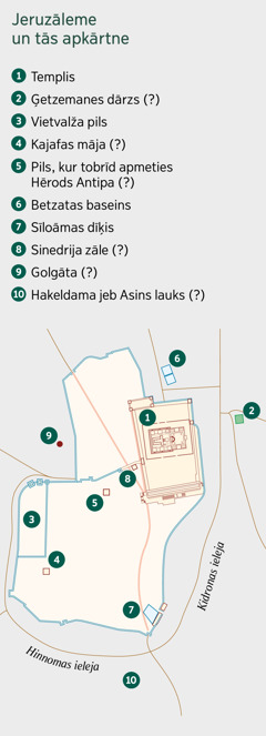 Karte, kurā redzama Jeruzāleme un tās apkārtne. Norādītas objektu atrašanās vietas: 1) templis, 2) Ģetzemanes dārzs, 3) vietvalža pils, 4) Kajafas māja, 5) pils, kur tobrīd bija apmeties Hērods Antipa, 6) Betzatas baseins, 7) Siloāmas dīķis, 8) Sinedrija zāle, 9) Golgāta, 10) Hakeldama jeb Asins lauks.