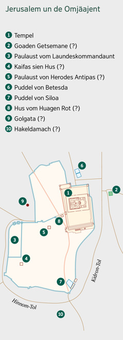 Eene Launtkoat von Jerusalem un de Omjäajent. Eene List von Städa, wua daut secha es, wua dee wieren ooda wua dee veleicht wieren. 1. Tempel. 2. Goaden Getsemane. 3. Paulaust vom Laundeskommandaunt. 4. Kaifas sien Hus. 5. Paulaust von Herodes Antipas. 6. Puddel von Betesda. 7. Puddel von Siloa. 8. Hus vom Huagen Rot. 9. Golgata. 10. Hakeldamach