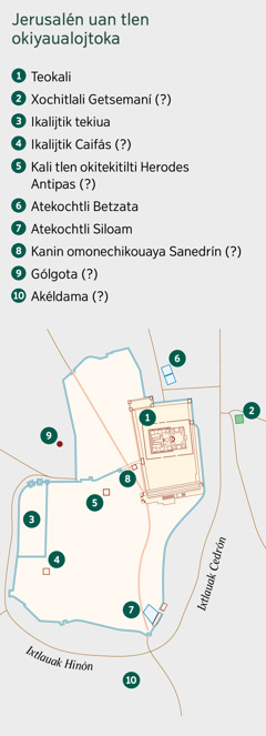 Mapa kanin mota Jerusalén uan okseki tlamantli. Seki mota kanin okatka. 1. Teokali. 2. Tepetl Getsemaní. 3. Ikalijtik tekiua. 4. Ikalijtik Caifás. 5. Ikalijtik Herodes Antipas. 6. Kanin omantoka atl Betzata. 7. Kanin omantoka atl Siloam. 8. Kanin omonechikouayaj akinmej opouiayaj Sanedrín. 9. Gólgota. 10. Akéldama.