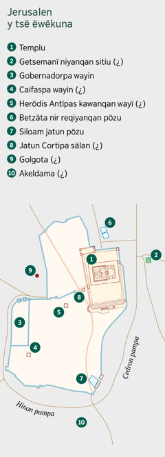 Jerusalen markapa y lädunkunachö këkaq sitiukunapita mapa. Wakin sitiukuna më läduchö kanqanta rikätsikoq mapa. 1. Templu. 2. Getsemanï niyanqan sitiu. 3. Gobernadorpa wayin. 4. Caifaspa wayin. 5. Herödis Antïpas kawanqan wayi. 6. Betzäta nir reqiyanqan pözu. 7. Siloam jatun pözu. 8. Jatun Cortipa sälan. 9. Golgota. 10. Akeldama.