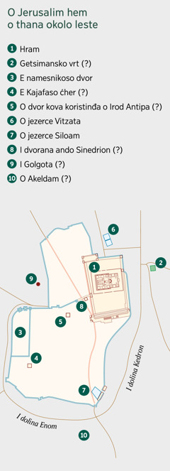 I mapa ando Jerusalim hem ando thana uzalo leste. Disave thana tačno hine odothe a disave šaj hine odothe. 1. Hram. 2. Getsimansko vrt. 3. E namesnikoso dvor. 4. E Kajafaso ćher. 5. O dvor kova koristinđa o Irod Antipa. 6. O jezerce Vitzata. 7. O jezerce Siloam. 8. I dvorana ando Sinedrion. 9. I Golgota. 10. O Akeldam.