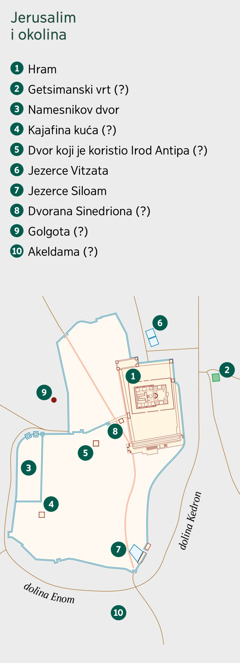 Mapa na kojoj je prikazan Jerusalim i okolina. Navedena su neka mesta čija je lokacija tačno utvrđena, kao i mesta čija je lokacija samo pretpostavka. 1. Hram. 2. Getsimanski vrt. 3. Namesnikov dvor. 4. Kajafina kuća. 5. Dvor koji je koristio Irod Antipa. 6. Jezerce Vitzata. 7. Jezerce Siloam. 8. Dvorana Sinedriona. 9. Golgota. 10. Akeldama.