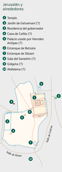 Mapa de Jerusalén y sus alrededores. En el caso de algunos lugares, se muestra su posible ubicación. 1. Templo. 2. Jardín de Getsemaní. 3. Residencia del gobernador. 4. Casa de Caifás. 5. Palacio usado por Herodes Antipas. 6. Estanque de Betzata. 7. Estanque de Siloam. 8. Sala del Sanedrín. 9. Gólgota. 10. Akéldama.