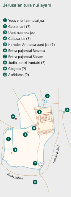 Jerusalén tura nui ayam junisauyayi. Junis ¿ ana nuka tuinkiya nu timiatrusrikkia nekatsji tawai. 1. Yuus enentaimtutai jea. 2. Getsemaní. 3. Uunt naamka jee. 4. Caifasa jee. 5. Herodes Antipasa uunt jee. 6. Entsa pajamtai Betzata. 7. Entsa pajamtai Siloam. 8. Judío uuntri iruntairi. 9. Gólgota. 10. Akéldama.