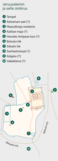 Jeruusalemma ja selle ümbruse kaart. Arvatavad asukohad. 1. Tempel. 2. Ketsemani aed. 3. Maavalitseja residents. 4. Kaifase maja. 5. Herodes Antipase loss. 6. Betsata tiik. 7. Siiloahi tiik. 8. Sanhedrinisaal. 9. Kolgata. 10. Hakeldama.