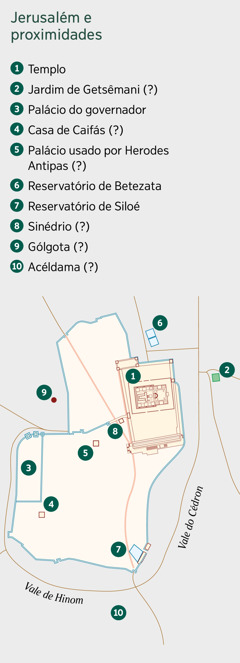 Um mapa mostrando Jerusalém e proximidades. São alistados tanto os locais em que a localização é conhecida como os em que a localização é incerta. 1. Templo. 2. Jardim de Getsêmani. 3. Palácio do governador. 4. Casa de Caifás. 5. Palácio usado por Herodes Antipas. 6. Reservatório de Betezata. 7. Reservatório de Siloé. 8. Sinédrio. 9. Gólgota. 10. Acéldama.