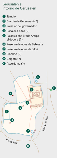 Un mapa el mostra Gerusalen e intorno dela cità. Ghen’è el nome de posti cognossesti e ndove che fursi i era. 1.  Témpio. 2.  Giardin de Getsémani. 3.  Palàssio del governador. 4.  Casa de Caifàs. 5.  Palàssio che Erode Antipa el dopera. 6.  Reserva de àqua de Betezata. 7.  Reserva de àqua de Siloè. 8.  Sinèdrio. 9.  Gòlgota. 10. Assèldama.