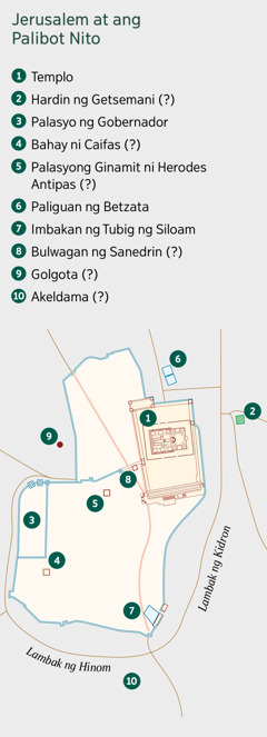 Mapa ng Jerusalem at ang palibot nito. Nakalista ang mga tiyak na lugar at di-tiyak na lugar. 1. Templo. 2. Hardin ng Getsemani. 3. Palasyo ng Gobernador. 4. Bahay ni Caifas. 5. Palasyong ginamit ni Herodes Antipas. 6. Paliguan ng Betzata. 7. Imbakan ng Tubig ng Siloam. 8. Bulwagan ng Sanedrin. 9. Golgota. 10. Akeldama.