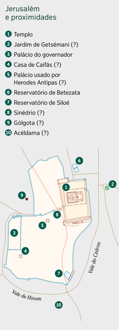 Um mapa que mostra Jerusalém e as proximidades. São alistadas tanto as localizações conhecidas, como as localizações prováveis. 1. Templo. 2. Jardim de Getsémani. 3. Palácio do governador. 4. Casa de Caifás. 5. Palácio usado por Herodes Antipas. 6. Reservatório de Betezata. 7. Reservatório de Siloé. 8. Sinédrio. 9. Gólgota. 10. Acéldama.