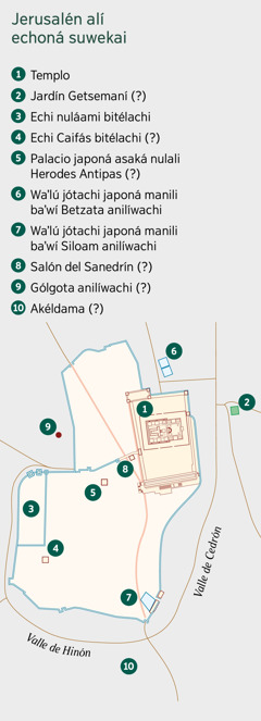 Mapa japoná Jerusalén ju alí suwekai. Jareana ko a machina japoná mayewa japi echoná nili. 1. Templo. 2. Jardín echoná Getsemaní. 3. Echi nuláami bitélachi. 4. Caifás bitelachi. 5. Palacio japoná asaká nulali Herodes Antipas. 6. Waʼlú jótachi japoná manili baʼwí Betzata anilíwachi. 7. Waʼlú jótachi japoná manili baʼwí Siloam anilíwachi. 8. Sala echoná Sanedrín. 9. Gólgota anilíwachi. 10. Akéldama.