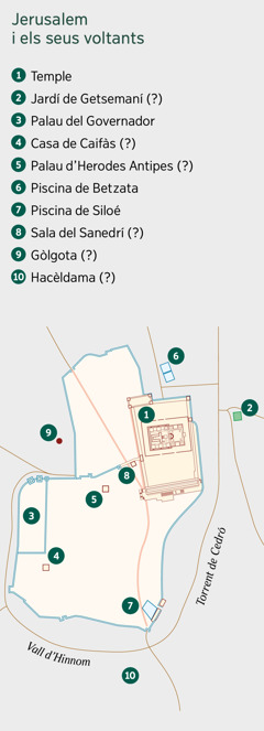 Un mapa mostra Jerusalem i els seus voltants. Una llista mostra algunes ubicacions exactes i altres que són incertes. 1. Temple. 2. Jardí de Getsemaní. 3. Palau del Governador. 4. Casa de Caifàs. 5. Palau d’Herodes Antipes. 6. Piscina de Betzata. 7. Piscina de Siloé. 8. Sala del Sanedrí. 9. Gòlgota. 10. Hacèldama.