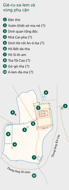 Một bản đồ hiển thị thành Giê-ru-sa-lem và các vùng phụ cận. Có liệt kê các địa điểm đã biết chính xác hoặc phỏng đoán. 1. Đền thờ. 2. Vườn Ghết-sê-ma-nê. 3. Dinh quan tổng đốc. 4. Nhà Cai-pha. 5. Dinh Hê-rốt An-ti-ba. 6. Hồ Bết-da-tha. 7. Hồ Si-lô-am. 8. Tòa Tối Cao. 9. Gô-gô-tha. 10. A-ken-đa-ma.