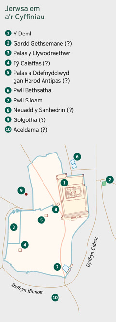 Map yn dangos Jerwsalem a’r ardal leol. Mae lleoliadau pendant a phosib wedi eu rhestru. 1. Y deml. 2. Gardd Gethsemane. 3. Palas y llywodraethwr. 4. Tŷ Caiaffas. 5. Y palas wnaeth Herod Antipas ei ddefnyddio. 6. Pwll Bethsatha. 7. Pwll Siloam. 8. Neuadd y Sanhedrin. 9. Golgotha. 10. Aceldama.