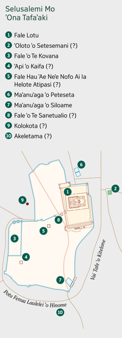 Ko he mape ʼe fakaha ai ia Selusalemi mo ʼona tafaʼaki. ʼE tuʼu ai te ʼu higoa ʼo te ʼu koga meʼa. 1. Fale Lotu. 2. Te ʼOloto ʼo Setesemani. 3. Fale ʼo Te Kovana. 4. ʼApi ʼo Kaifa. 5. Fale Hau ʼAe Neʼe Nofo Ai Ia Helote Atipasi. 6. Maʼanuʼaga ʼo Peteseta. 7. Maʼanuʼaga ʼo Siloame. 8. Fale ʼo te Sanetualio. 9. Kolokota. 10. Akeletama.