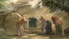 Três mulheres olham para o túmulo vazio de Jesus.