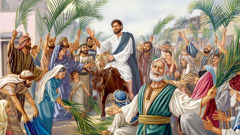 Jesus reitet auf einem jungen Esel, während eine Menge freudiger Menschen Obergewänder und Palmzweige auf der Straße ausbreitet.