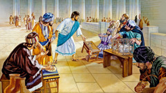 Jesus derruba as mesas dos cambistas no templo.