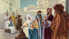 Gesù e gli apostoli osservano una vedova povera che mette due monetine nelle casse del tesoro del tempio.