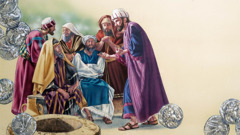 Judas Iscariotes e líderes religiosos tramam contra Jesus. Moedas de prata espalhadas no fundo.