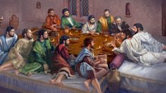 Jesus e seus apóstolos fiéis reclinados à mesa durante a Ceia do Senhor.