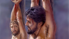 Jesus hängt neben einem Verbrecher an einem Marterpfahl.