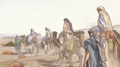 La regina di Saba viaggia con molti cammelli per andare a incontrare il re Salomone.