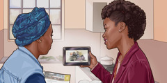 O soră îi arată unei femei materialul video „De ce să studiați Biblia? (versiune completă)” pe un dispozitiv mobil.