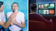 Collage: 1. A young man getting baptized. 2. The same young man sits in front of a TV screen, deciding what program to watch.