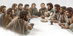 Jésus institue le repas du Seigneur avec ses apôtres fidèles.