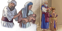 Bildcollage: 1. Jehojada und Jehoschabath nehmen den kleinen Joas heimlich mit, um ihn zu verstecken. 2. Der Hohe Priester Jehojada setzt den jungen Joas als König ein.