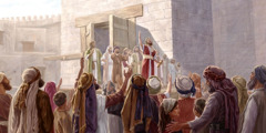 Ezra holding a scroll and praising Jehovah before the people.