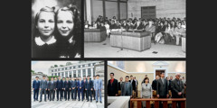 Collage: 1. Gathie and Marie Barnett. 2. Brother Kokkinakis and others in the European Court of Human Rights. 3. Jehovah’s Witnesses in the Rostov Regional Court in Russia. 4. A group of brothers outside the Constitutional Court of South Korea.