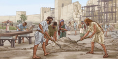 Israelite men and women laboriously rebuilding Jerusalem’s walls.