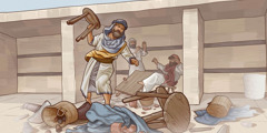 Nehemiah throwing Tobiah’s belongings out of a temple dining hall.