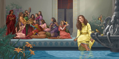 Estera sedi nekoliko stran od skupine mladih žensk. Opazuje ptice na fontani, druge ženske pa se ukvarjajo s svojim videzom. Na vse budno pazi varuh.