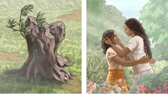 Collage: 1. A sprouting tree stump. 2. A mother embraces her resurrected daughter in Paradise.