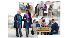 Collage: A young sister helping others. 1. She gives an elderly sister a supporting arm as they walk together. 2. She listens as another sister expresses herself. 3. She and another sister witness to a woman who is walking her dog. 4. She serves a meal to guests at her home.