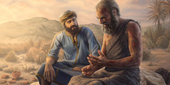 Елиуй с сочувствием выслушивает Иова, тело которого покрыто нарывами.