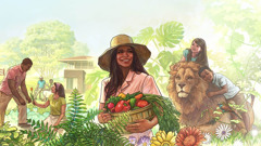 People in Paradise enjoying themselves. Children play with a lion, a woman holds a basket with a variety of vegetables, and two couples enjoy working and relaxing in a garden.