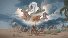 Job reflecting on some of the awe-inspiring animals Jehovah created, including the hippopotamus, the stork, the ostrich, the crocodile, the eagle, the horse, and the wild bull. A windstorm is raging, and Elihu and the three false comforters sit nearby.
