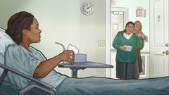 A scene from the video “We Found Christian Love in Jehovah’s Family.” Mimi and her mom bring flowers and a card to a sister who is in a hospital bed.