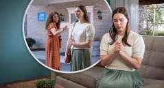 An inset showing a sister yelling at another sister outside a Kingdom Hall. Later, the sister who was yelled at prays at home.