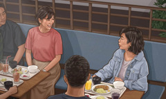 Illustration inspirée de la vidéo « Soyons prêts à prêcher “la bonne nouvelle de la paix” : Engageons des conversations. » Au restaurant, une sœur engage la conversation avec une dame assise à une table voisine.